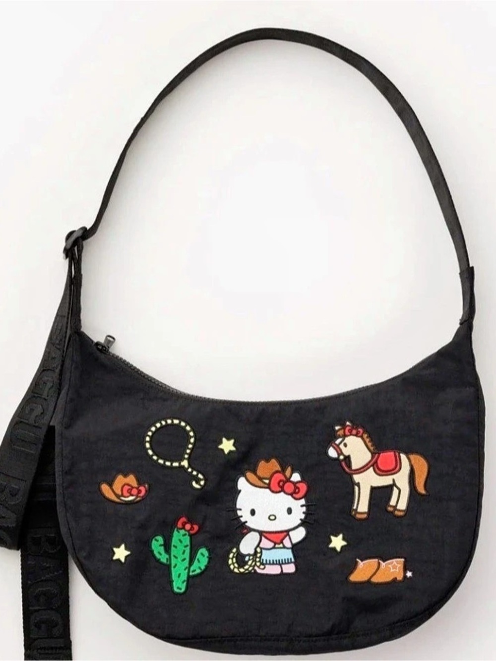 Baggu Medium Nylon Crescent Bag - Embroidered Hello Kitty Western Black